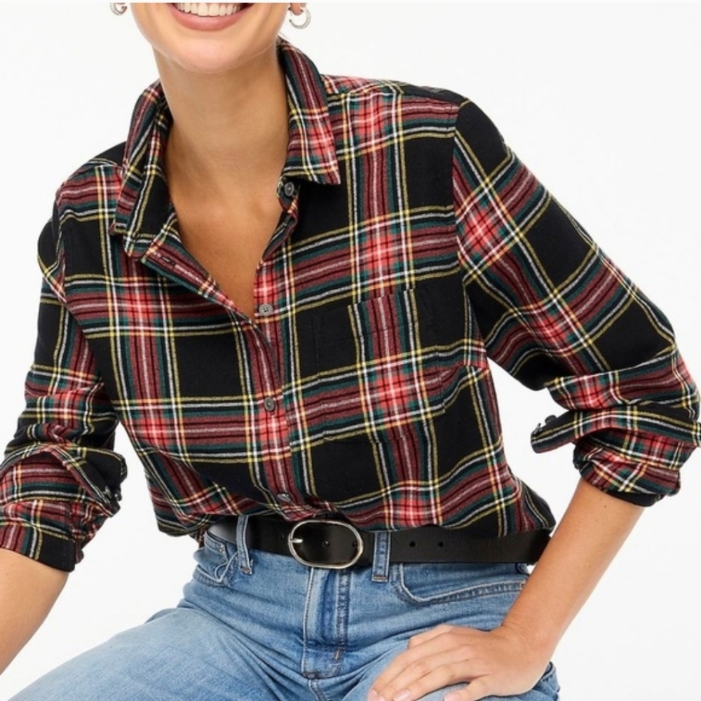 JCREW Tartan Plaid Blouse Stewart Black Button Down Shirt Flex Wash Small New